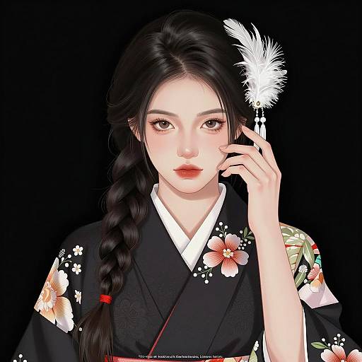 Elegant Asian Woman in Black Kimono