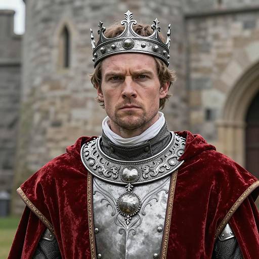 Medieval King in Red Velvet and Silver Armor
