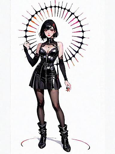 Edgy Chic Woman in Black Leather Mini Skirt and Lace Bodysuit