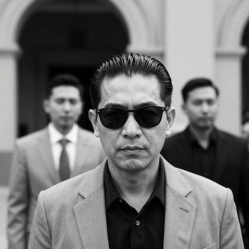 Serious Man in Sunglasses with Two Men in Background