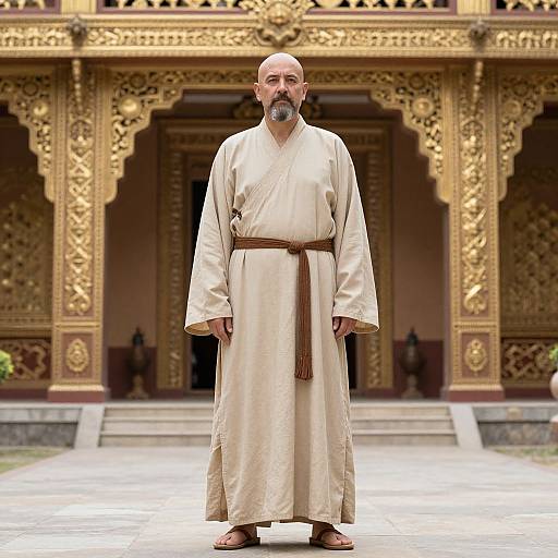 Photorealistic image of a bald, bearded older man in a beige robe with a brown belt, standing in front of an ornate, golden