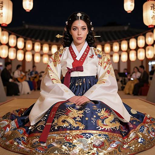 Photograph of an Asian woman in traditional Korean hanbok, adorned with intricate gold embroidery, seated on a colorful, patterned mat, surrounded by