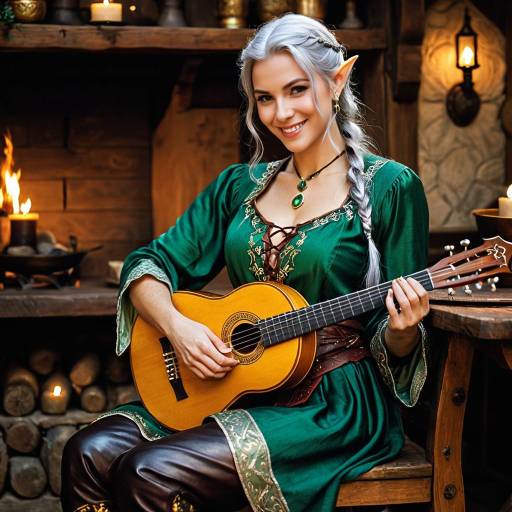 Half-Elf Bard Playing Lute by Fireplace