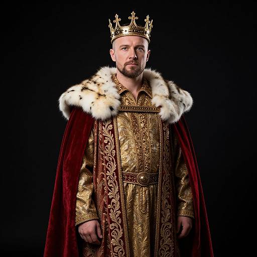 Photograph of a bearded man in a gold embroidered royal robe, red velvet cape with fur trim, and gold crown, standing against a black background