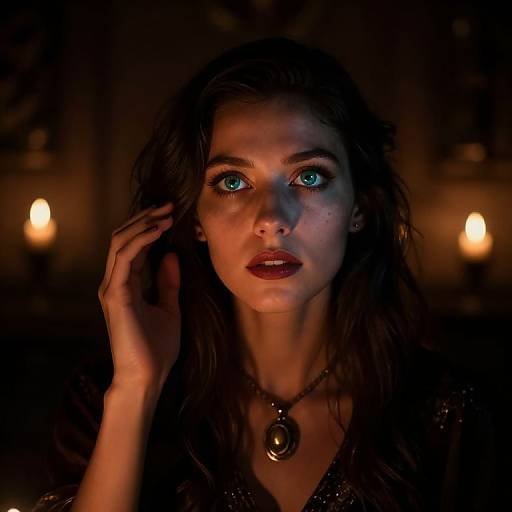 Photograph of a dark-haired woman with striking blue eyes, illuminated by dim, warm candlelight, wearing a dark, textured top and a crescent
