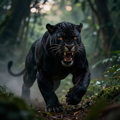 Photorealistic digital artwork of a fierce, black panther with glowing yellow eyes, mid-snarl, prowling through a dense, misty forest