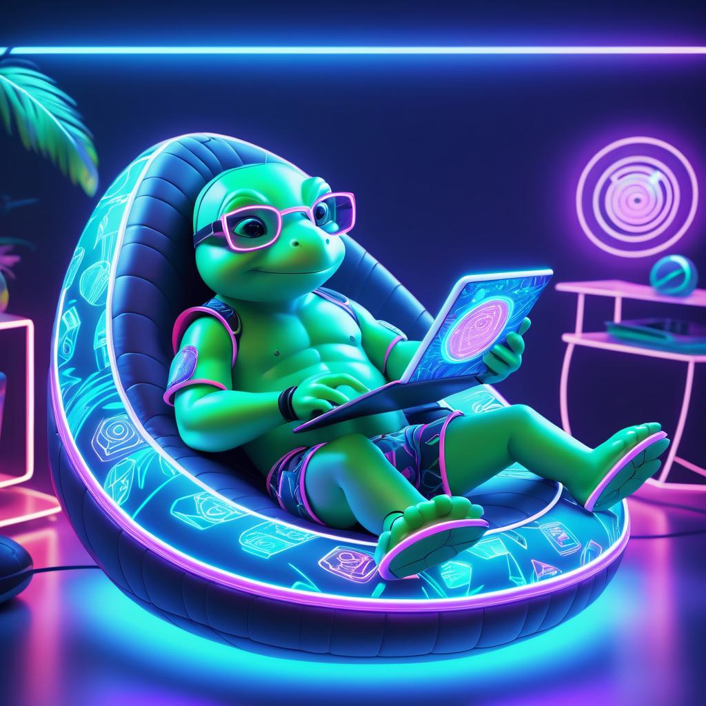 Futuristic Turtle Relaxing in Neon Style