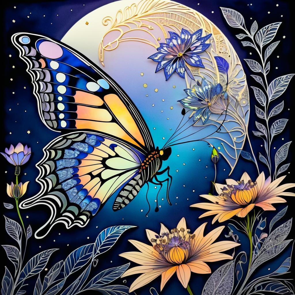 Delicate Butterfly and Blooming Flower Art