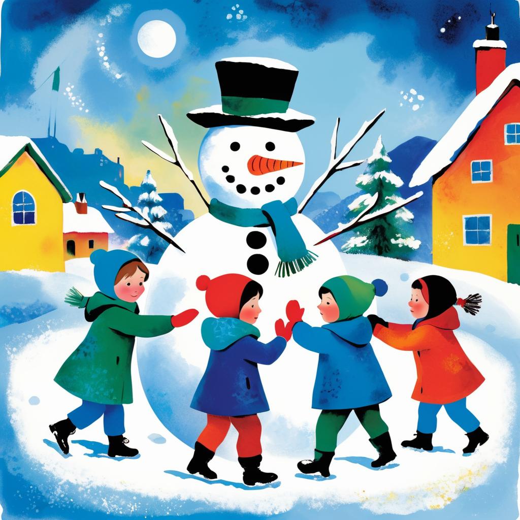 Chagall-Inspired Winter Children Illustration