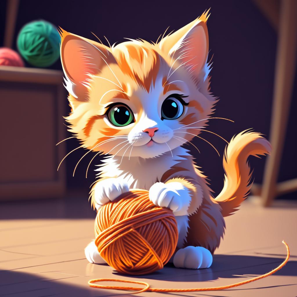 Whimsical Kitten Playing with Yarn