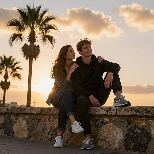 Couple Sitting on Stone Wall at Sunset