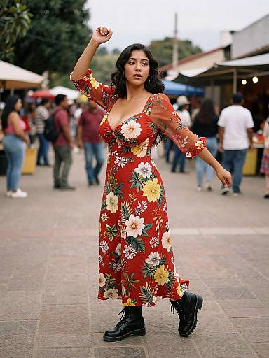 Photograph of a confident Latina woman with wavy black hair, wearing a red floral dress and black boots, dancing in a bustling outdoor market.