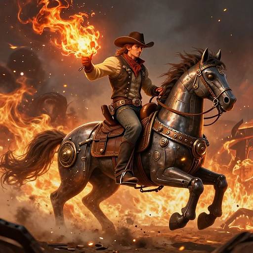 Digital artwork of a cowboy in a brown hat, leather vest, and pants, riding a galloping black horse, conjuring fire with his right
