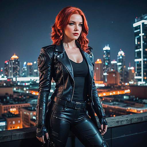 Red-haired Woman in Cyberpunk Outfit at Night City Rooftop