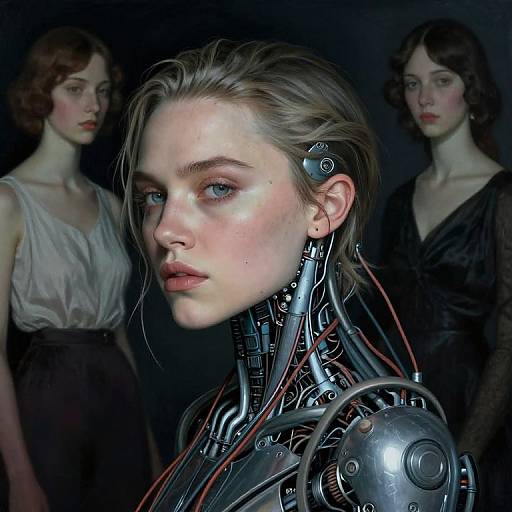 Digital art of a cybernetic woman with fair skin, blue eyes, and blonde hair, wearing a metallic neck piece, flanked by two vintage