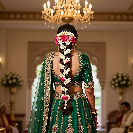 Photograph of a bride from behind, wearing a green traditional Indian outfit with gold embroidery, a long black braid adorned with pink and white flowers,
