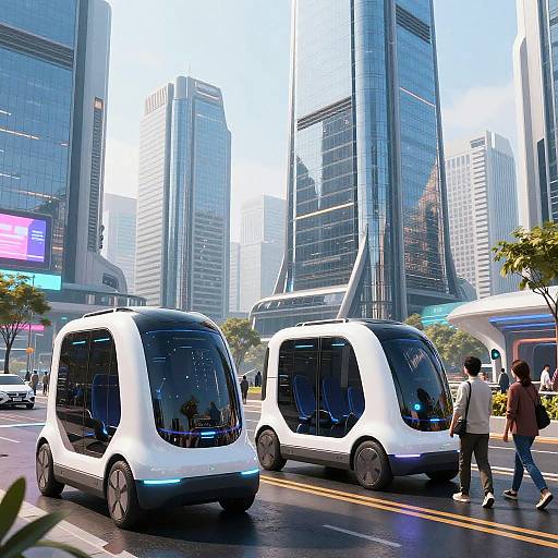 Photograph of futuristic white self-driving buses on a city street, surrounded by tall glass skyscrapers, with pedestrians walking nearby.