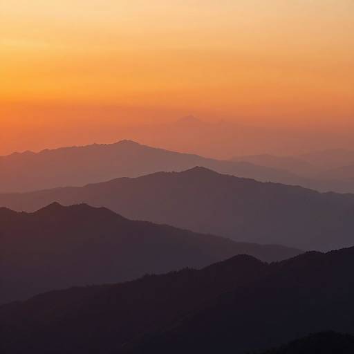 Photograph of a serene sunset over layered, dark silhouetted mountains, with a gradient sky from vibrant orange at the horizon to soft purple above
