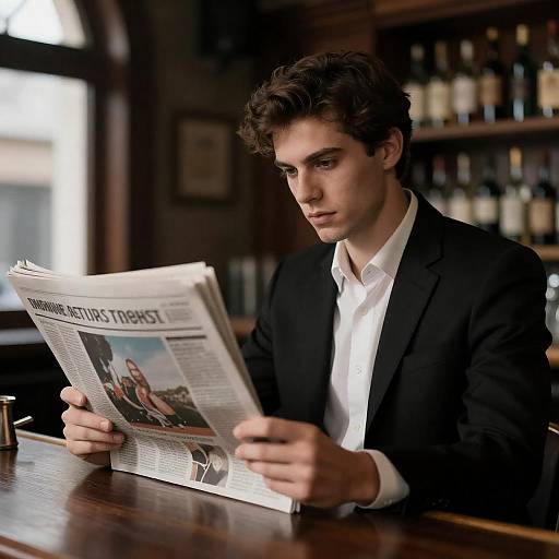 Man Reading Newspaper in Dim Bar