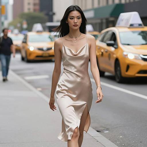 Confident Woman in Silk Dress on Street