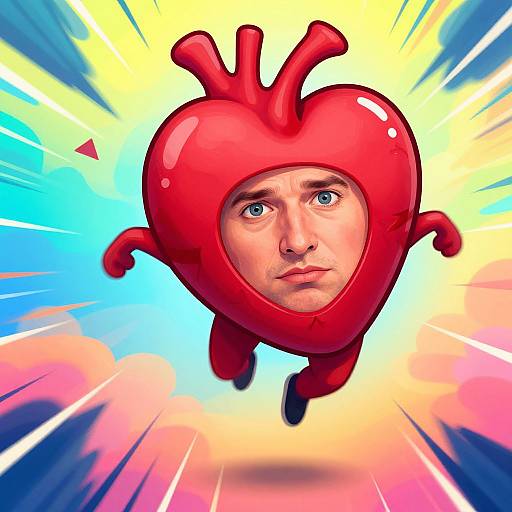 Digital artwork of a red heart-shaped costume with a human face, floating against a vibrant, radiating blue, yellow, and pink background.