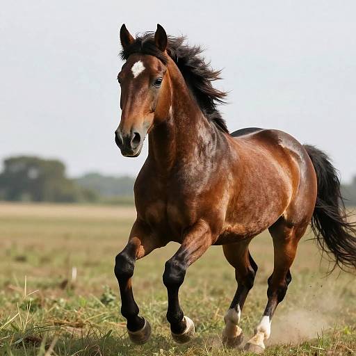 Photograph of a powerful, brown horse with a white blaze on its forehead, running energetically through a grassy field under bright sunlight.