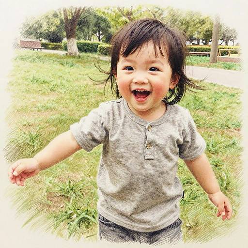 Photograph of a happy Asian toddler with black hair, wearing a gray henley shirt and gray pants, laughing joyfully in a sunny, grassy