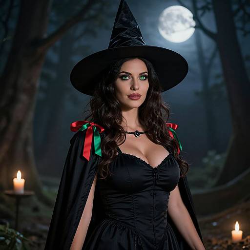 Photorealistic image of a beautiful woman with green eyes, wearing a black witch hat, black corset, and cape with red and green ribbons