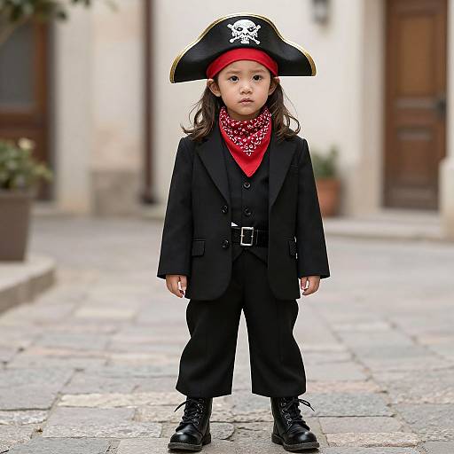 Photograph of an Asian girl in a black pirate outfit, red bandana with skull, and black boots, standing on a cobblestone street.