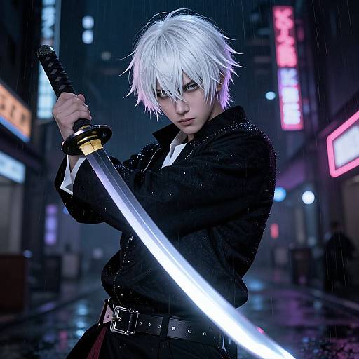 Cyberpunk street scene: White-haired, intense anime male with glowing sword, black coat, holding weapon; neon lights and rain in background. Digital