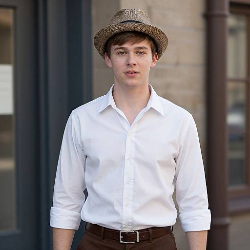 Photograph of a young Caucasian man with fair skin, brown hair, wearing a beige straw hat, white button-up shirt, and dark brown pants,