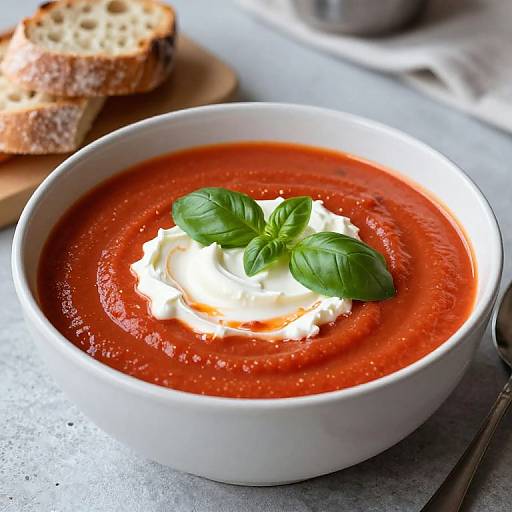 Photograph of a white bowl filled with vibrant red tomato soup, topped with a swirl of white cream and fresh basil leaves, beside toasted bread on a