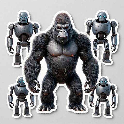 Digital illustration of a muscular, black-furred gorilla surrounded by five blue-eyed, silver robots of varying sizes, against a white background.