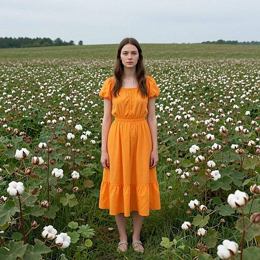 Photograph of a young woman with long brown hair in an orange dress standing in a vast cotton field with white cotton bolls. Green landscape and cloudy