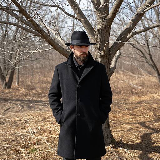 Photograph of a bearded man with a black coat and hat, standing in a leafless forest with dry grass and bare trees.