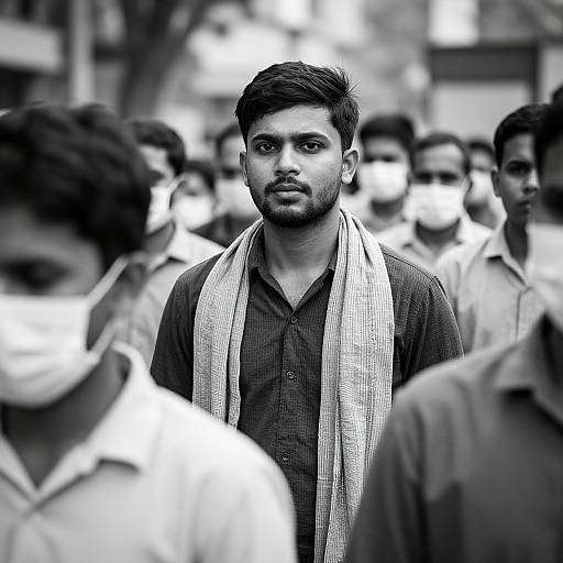 Black-and-white photograph of a bearded man with short dark hair, wearing a dark shirt and white scarf, standing amid a crowd of masked men in