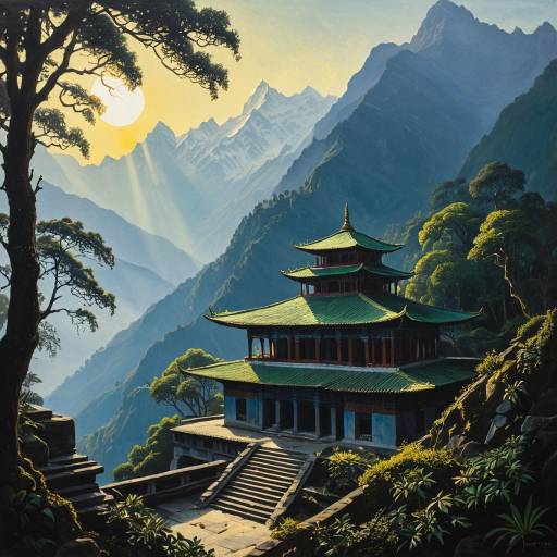 Himalayan Mountain Temple in Misty Sunrise