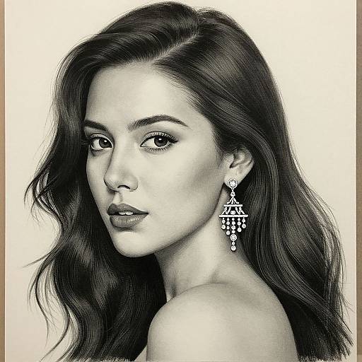 Black-and-white hyper-realistic digital portrait of a beautiful woman with long, wavy hair, wearing intricate dangling earrings, gazing thoughtfully over her