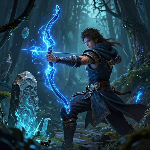 Digital fantasy artwork of a dark-haired archer with glowing blue bow, wearing dark armor, in a mystical forest with glowing runes and ancient stone statues.