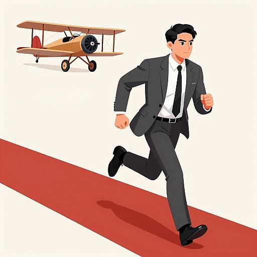Man Running on Red Carpet with Vintage Biplane