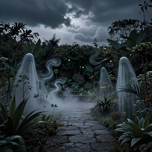 Dark, moody photograph of a foggy garden at night, featuring three ghostly, translucent figures with swirling mist, surrounded by dense, shadowy