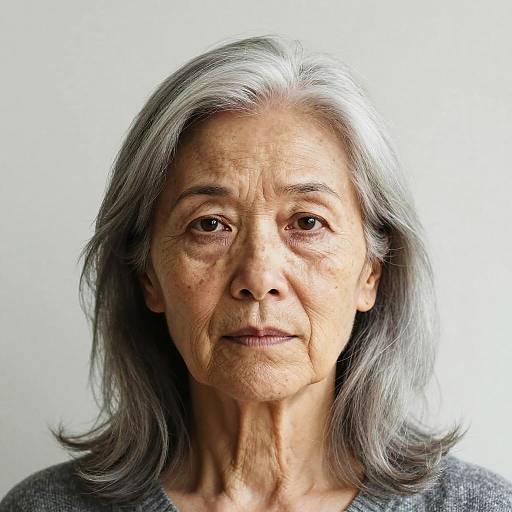 Photograph of an elderly woman with silver hair, wrinkled face, and serious expression, wearing a gray sweater, against a plain white background.