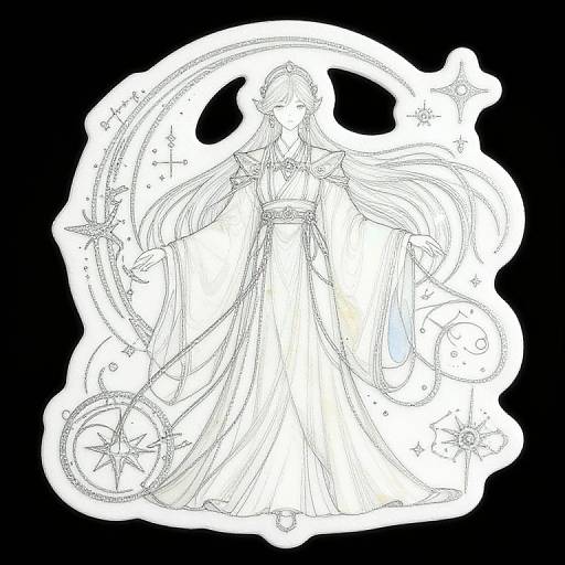 Whimsical black-and-white line drawing of a long-haired woman in a flowing dress, surrounded by stars, a wheel, and celestial shapes.