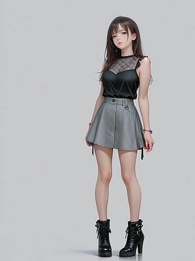 Chic Young Woman in Black Top and Grey Skirt