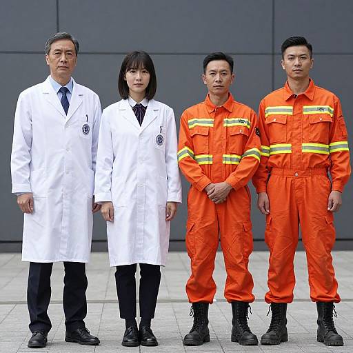 Photograph of four Asian individuals: three men in white lab coats, one woman in white lab coat, two men in bright orange rescue uniforms, standing
