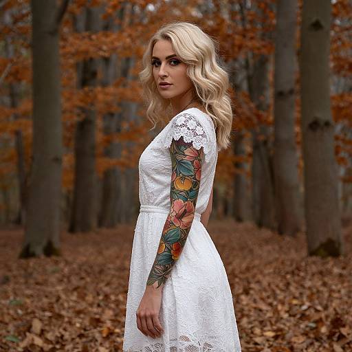 Blonde Woman with Tattoo in Autumn Forest