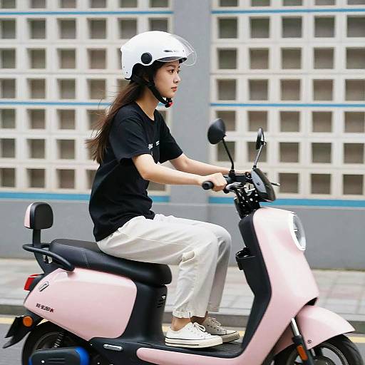 Young Woman Riding Pink Scooter
