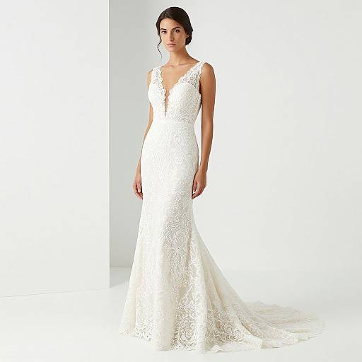 Photograph of a slender woman with dark hair in an elegant, white lace, sleeveless, V-neck wedding gown, standing against a plain white background