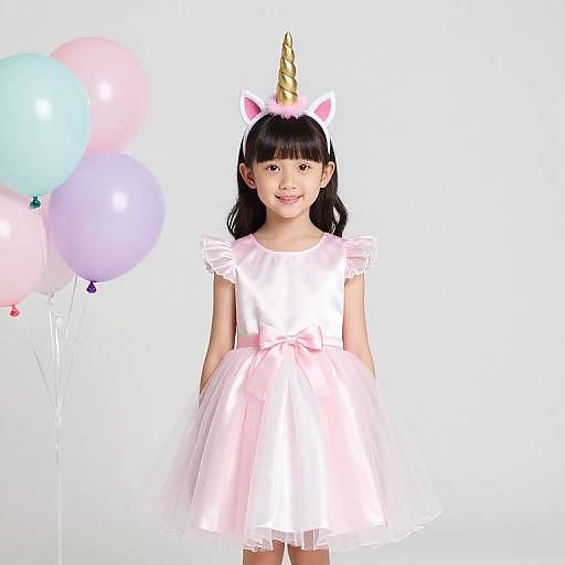 Photograph of a young Asian girl with black hair, wearing a white satin dress, pink tulle skirt, unicorn horn headband, and white cat
