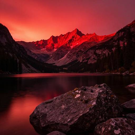 Photograph of a dramatic red-lit mountain range at sunset, reflecting on a still lake with dark, rocky foreground.